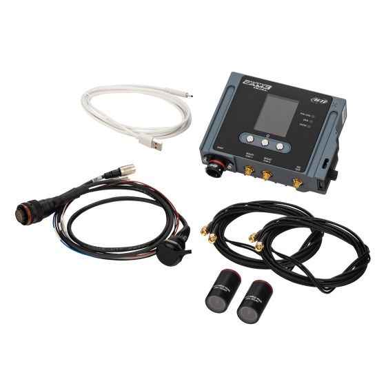 AiM Motorsport SmartyCam 3 Dual HD Camera System featuring a gray control unit, two black bullet cameras, and multiple cables, including a harness with an Ethernet connection.