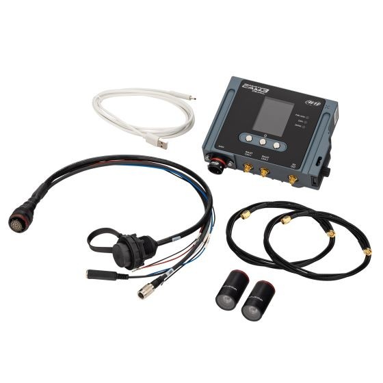AiM Motorsport SmartyCam 3 Dual HD Camera System featuring two bullet cameras, 67-degree lenses, 2m cables, a harness with Ethernet connection, and an external microphone.