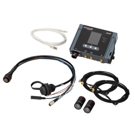 AiM Motorsport SmartyCam 3 system includes a compact black camera unit, two bullet cameras with 84-degree lenses, cables, a harness with Ethernet connection, and an external microphone.