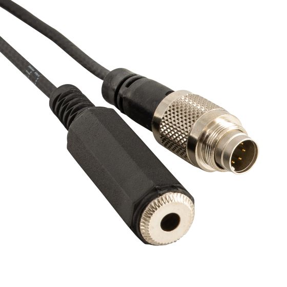 Black 1m external mic cable featuring a 3.5mm female jack plug and a silver connector, designed for AIM Motorsport SmartyCam models.