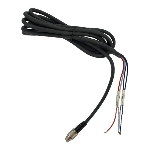 Black 4-meter external power cable with a connector on one end and exposed wires in red, blue, and white on the other, designed for AiM SmartyCam devices.
