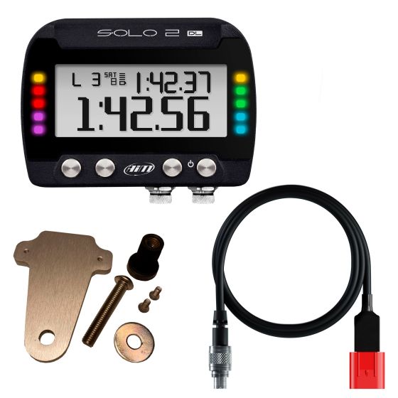 AIM Motorsport Solo 2 DL GPS lap timer features a black casing, large digital display, colorful LED indicators, and includes a bike-specific bracket and ECU cable for Ducati.