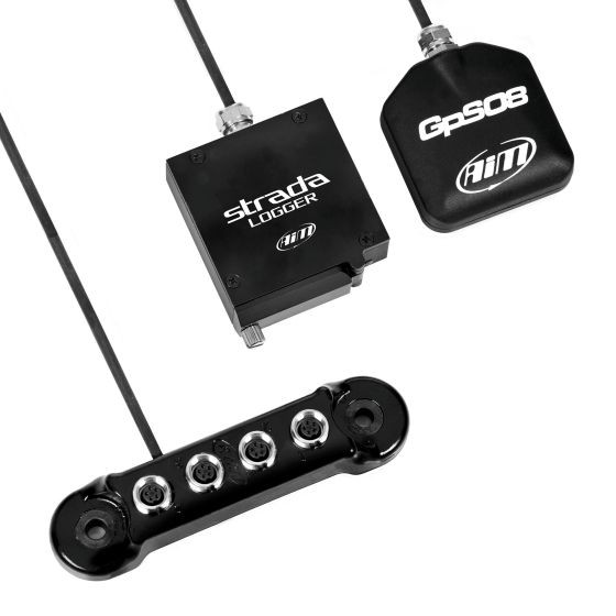 AIM Motorsport Strada Track Logger Kit featuring a black data logger, GPS unit, and a data hub with four ports, all connected by 1.3m cables.