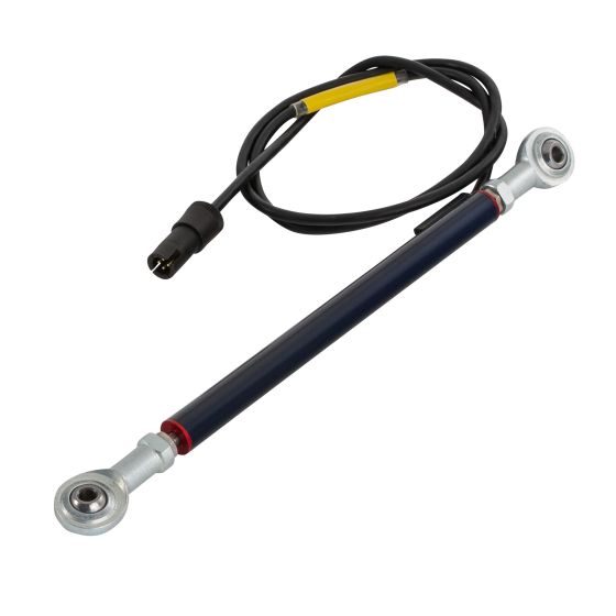 AIM Motorsport suspension potentiometer with a 200mm black metal rod, silver rod end bearings, and a connected black cable featuring a yellow marker.