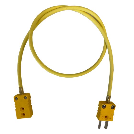Yellow thermocouple patch/extension lead, 1.5m long, featuring two connectors with screw holes for secure attachment, designed for high-temperature applications in motorsport.