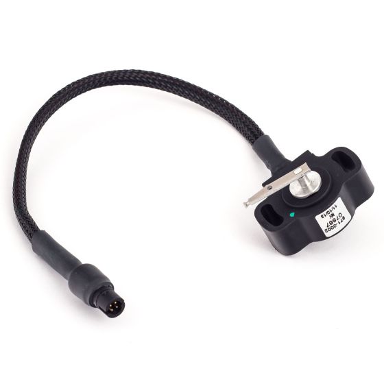 Black throttle position sensor with a metal shaft, featuring a braided cable and a connector, labeled with "AIM Motorsport" and model details.