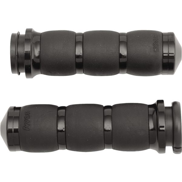 Black rubber motorcycle grips with a textured velvet finish, featuring a contoured design and end caps, designed for comfort and control.