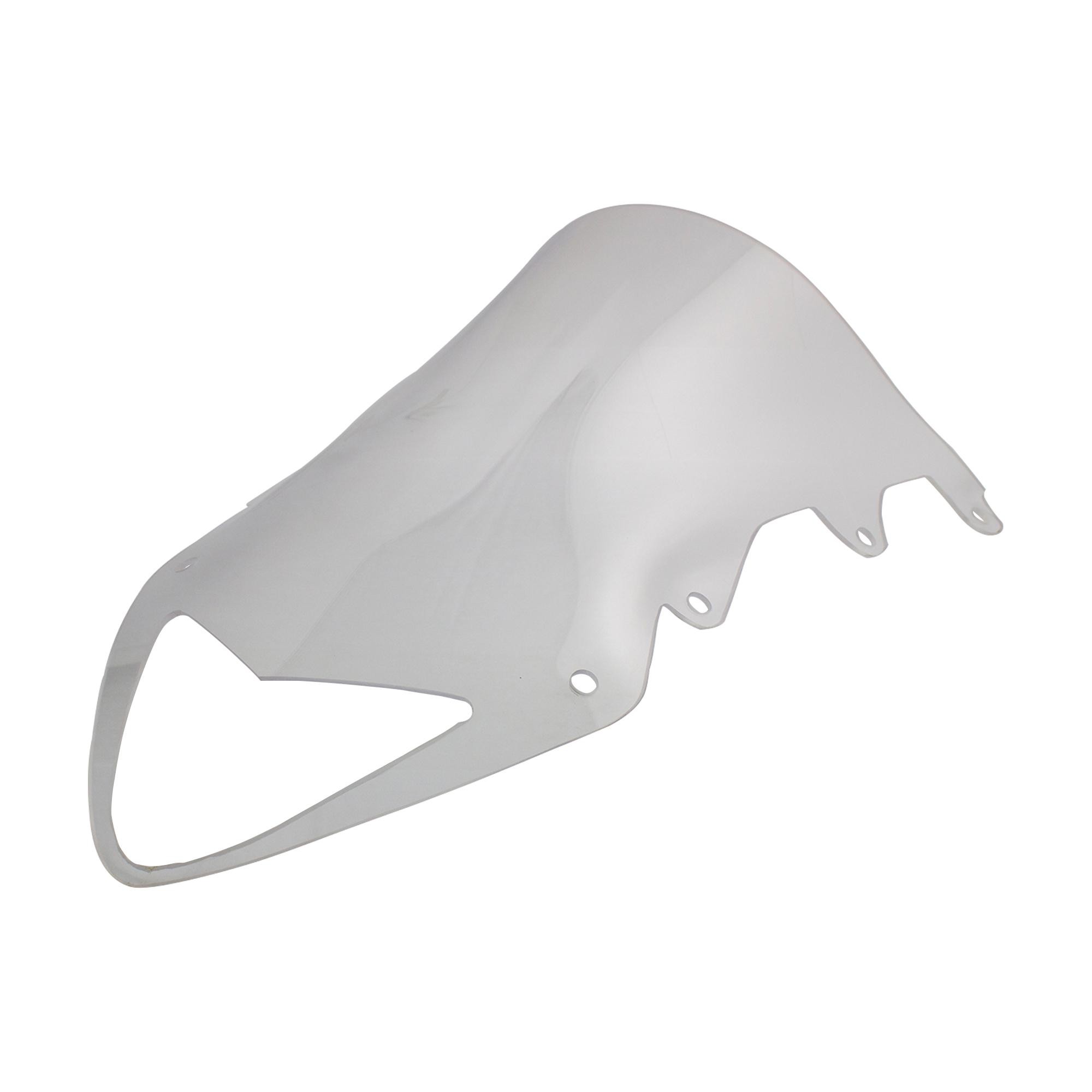 Clear double bubble windscreen for BMW S1000RR (2009-14), made of durable plastic, featuring a smooth, aerodynamic shape with multiple mounting holes.