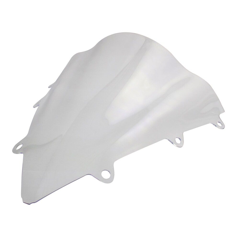 Clear double bubble screen designed for Honda CBR1000RR models from 2012 to 2016, featuring a smooth, aerodynamic shape and multiple mounting holes.