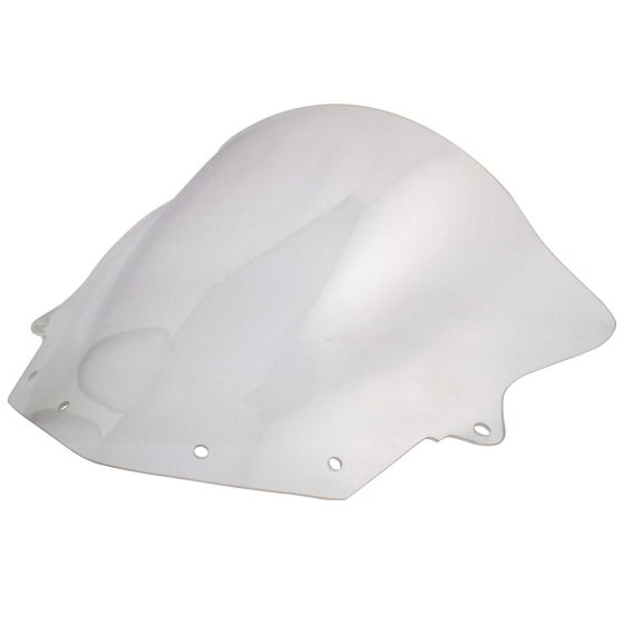 Clear double bubble screen for Kawasaki ZX6R (2009 onwards), featuring a smooth, aerodynamic design and multiple mounting holes for easy installation.