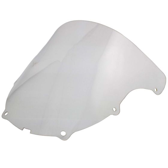 Clear double bubble screen for Kawasaki ZX6R 636 (2003-04), featuring a smooth, transparent design with rounded edges and multiple mounting holes for easy installation.