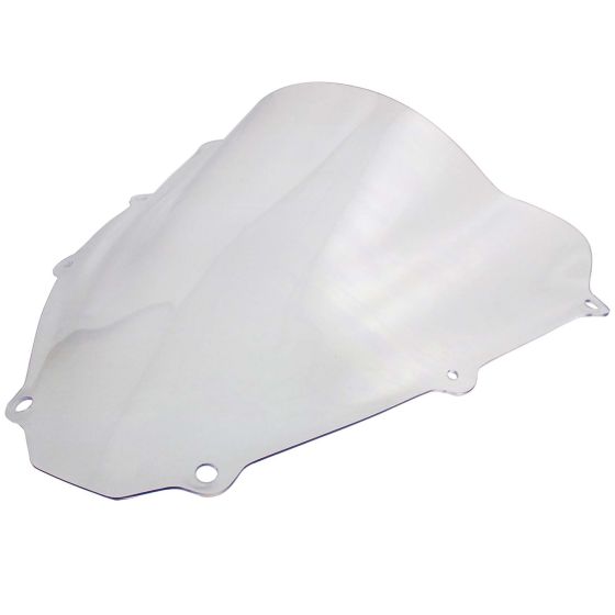 Clear double bubble windscreen for Suzuki GSX-R600 and GSX-R750, featuring a smooth, glossy finish and multiple mounting holes along the edges for easy installation.
