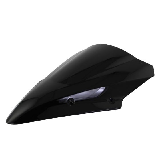Dark smoked windscreen for Kawasaki Ninja 650 (2017-19) featuring a sleek, aerodynamic design with a glossy finish and integrated mounting points.
