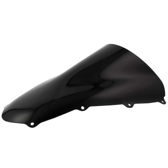 Dark smoked double bubble screen for Aprilia RSV 1000R/RSV Factory (2004-08), featuring a sleek, aerodynamic design with a glossy finish and multiple mounting holes.
