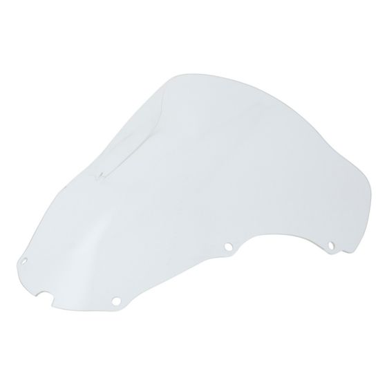 Clear double bubble windscreen for Kawasaki ZX-7R Ninja (1996-2003), featuring a smooth, aerodynamic shape and multiple mounting holes for easy installation.