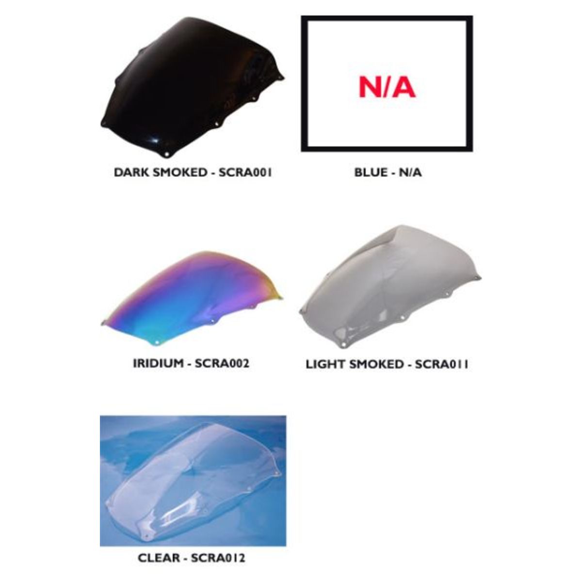 Dark smoked standard screen for Aprilia RSV1000 Mille 2001-03, featuring a sleek, aerodynamic design with a glossy finish and multiple color options displayed below.