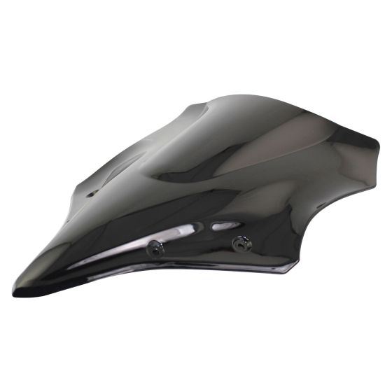 Dark smoked touring screen for Kawasaki Ninja 650 (2017-19) featuring a sleek, aerodynamic design with a glossy finish and mounting holes for easy installation.