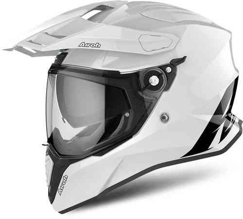 Gloss white Airoh Commander helmet featuring a sleek design, a clear visor, and a prominent black stripe, ideal for off-road riding.
