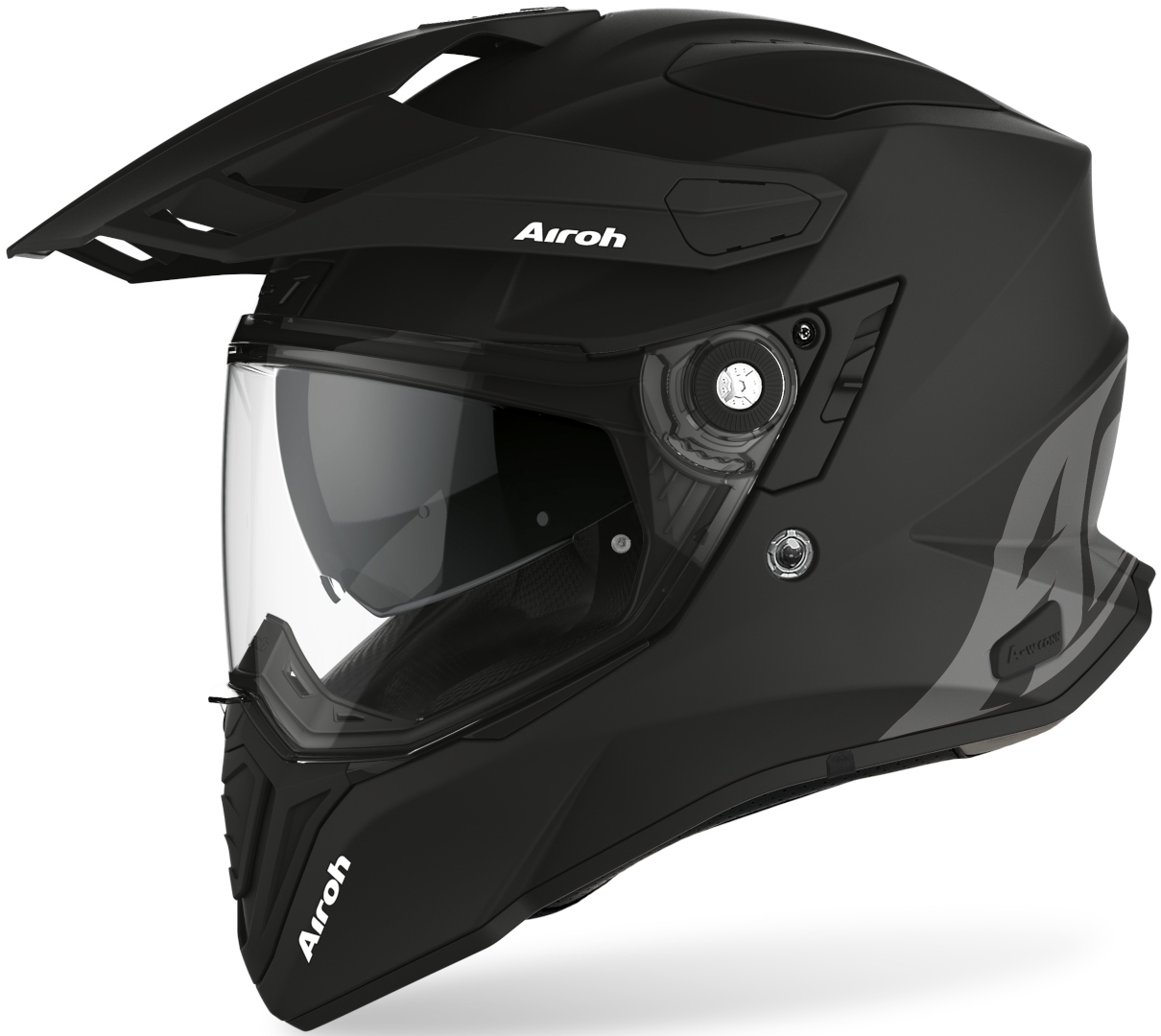 Full face helmet in matte black by Airoh, featuring a sleek design, clear visor, adjustable vent, and prominent Airoh branding on the side. Size: XL.