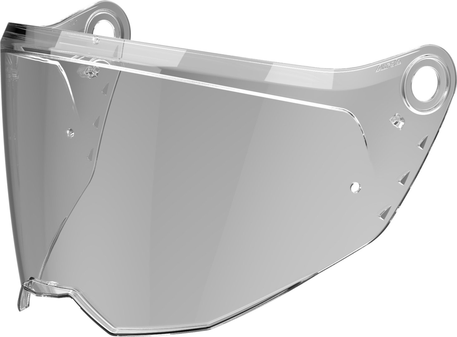 Clear, durable polycarbonate shield for Airoh Connor helmet, featuring a curved design with ventilation holes on the sides for enhanced airflow and visibility.