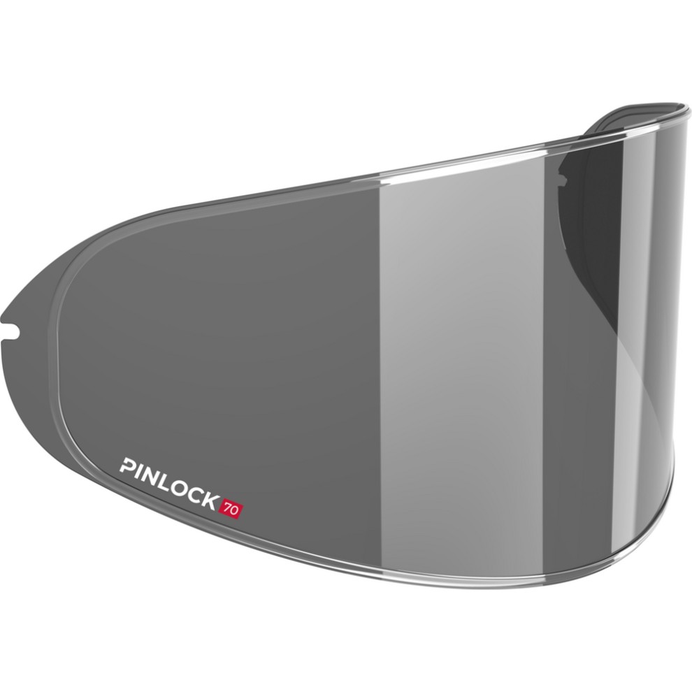 A dark smoke Pinlock 70 fog-resistant lens insert designed for Airoh Mathisse helmets, featuring a sleek, curved shape and a clear edge for easy attachment.