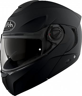 Airoh Specktre Color Flip Front Motorcycle Helmet in matte black with a sleek design, integrated visor, and flip-up front for versatility and comfort.