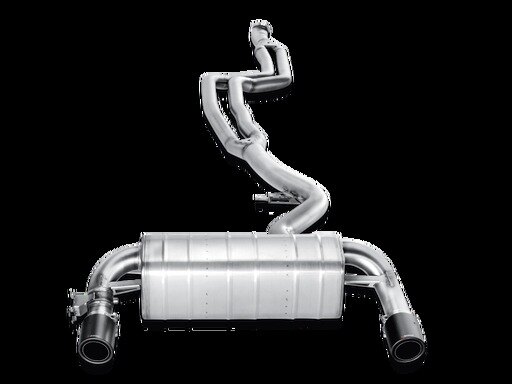 Stainless steel cat-back exhaust system for BMW 335i (F30 F31) featuring dual carbon-tipped outlets and a sleek, polished finish.