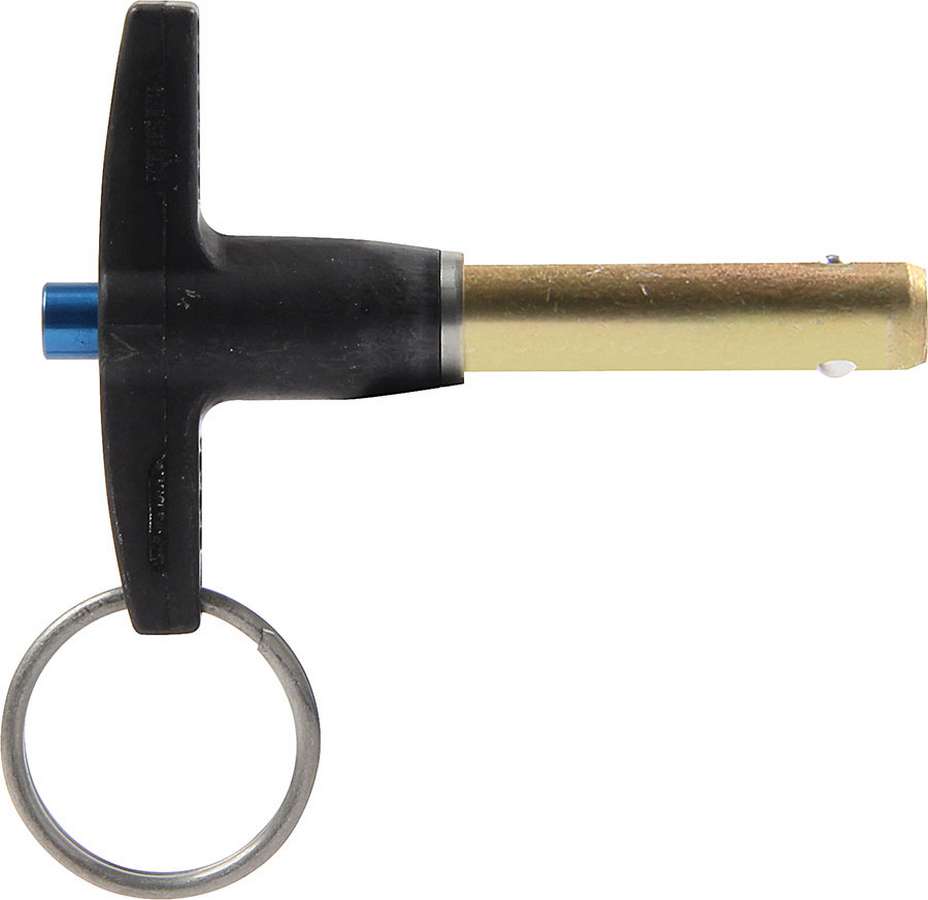 Quick release T-handle pin featuring a black plastic handle, a gold metal shaft, and a silver keyring attachment, measuring 0.31 x 1 inch, designed for easy operation.