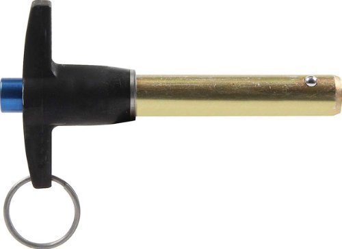 Black T-handle with a blue accent and a gold metal pin, featuring a quick release mechanism and a safety ring for secure attachment.