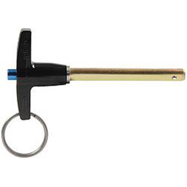 Quick release T-handle pin featuring a black plastic handle, a gold metal shaft, and a keyring attachment for easy use, measuring 0.25 x 2 inches.