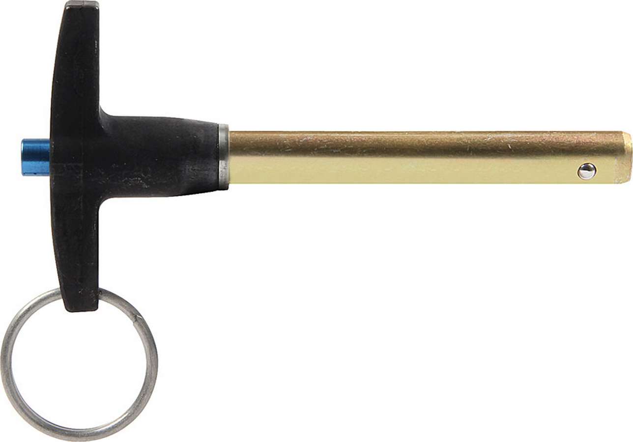 Quick release T-handle pin featuring a black plastic handle, a gold metal shaft, and a silver ring at the end for easy attachment and removal, measuring 0.31 x 2 inches.