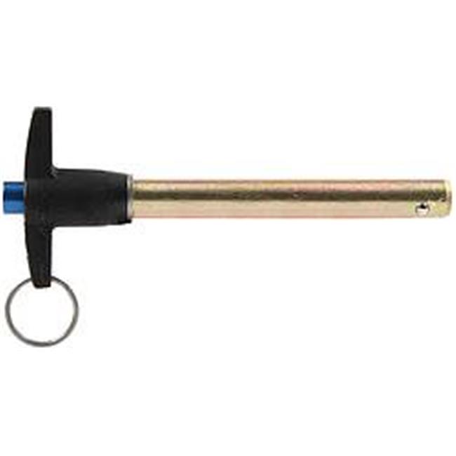 Quick release T-handle pin featuring a black plastic handle, a metallic shaft with a gold finish, and a blue tip, measuring 0.5 x 3 inches in size.