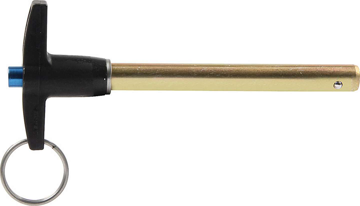 Black T-handle with a blue accent, attached to a gold metal pin, featuring a keyring for quick release, measuring 0.375 x 3 inches, designed for easy operation.