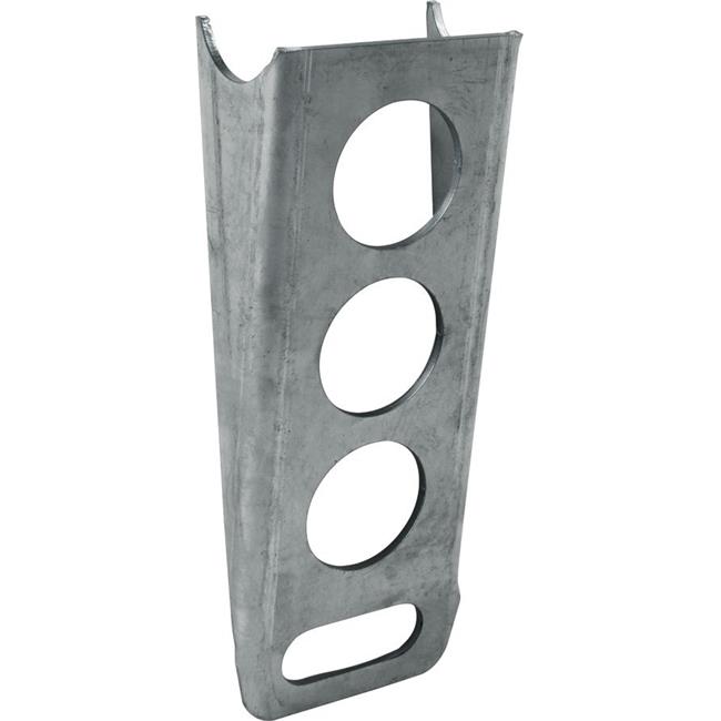 Natural steel steering column bracket measuring 8 inches, featuring three circular cutouts and a rectangular base for secure mounting.