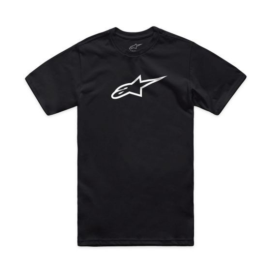Black short-sleeve T-shirt featuring a prominent white Alpinestars logo on the chest, made from soft material, available in size L.