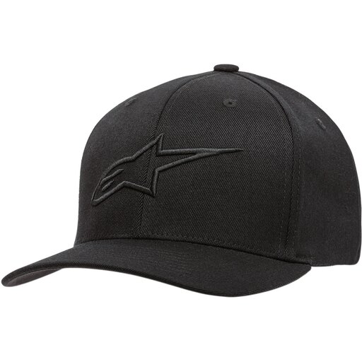 Black Alpinestars Ageless Cap featuring a raised logo on the front, made of durable fabric, designed for men in size L/XL.