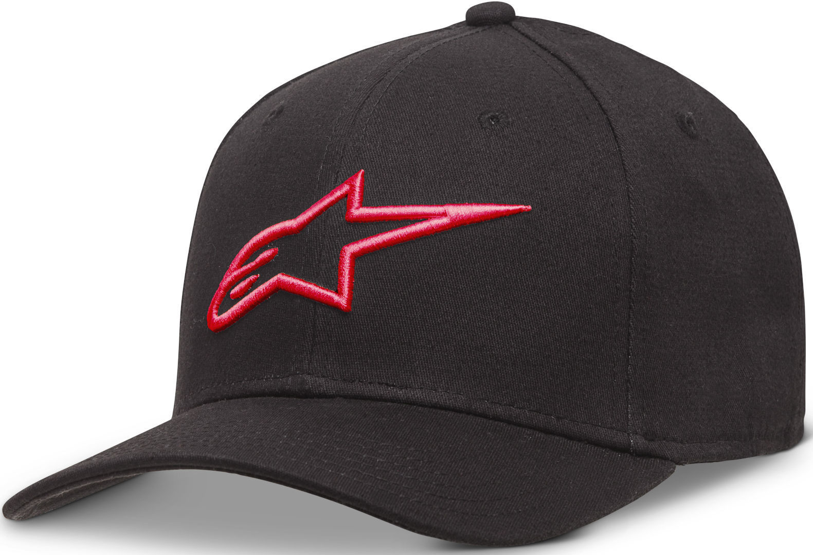 Black cap with a curved brim, featuring a prominent red Alpinestars logo embroidered on the front, designed for men in size L/XL.