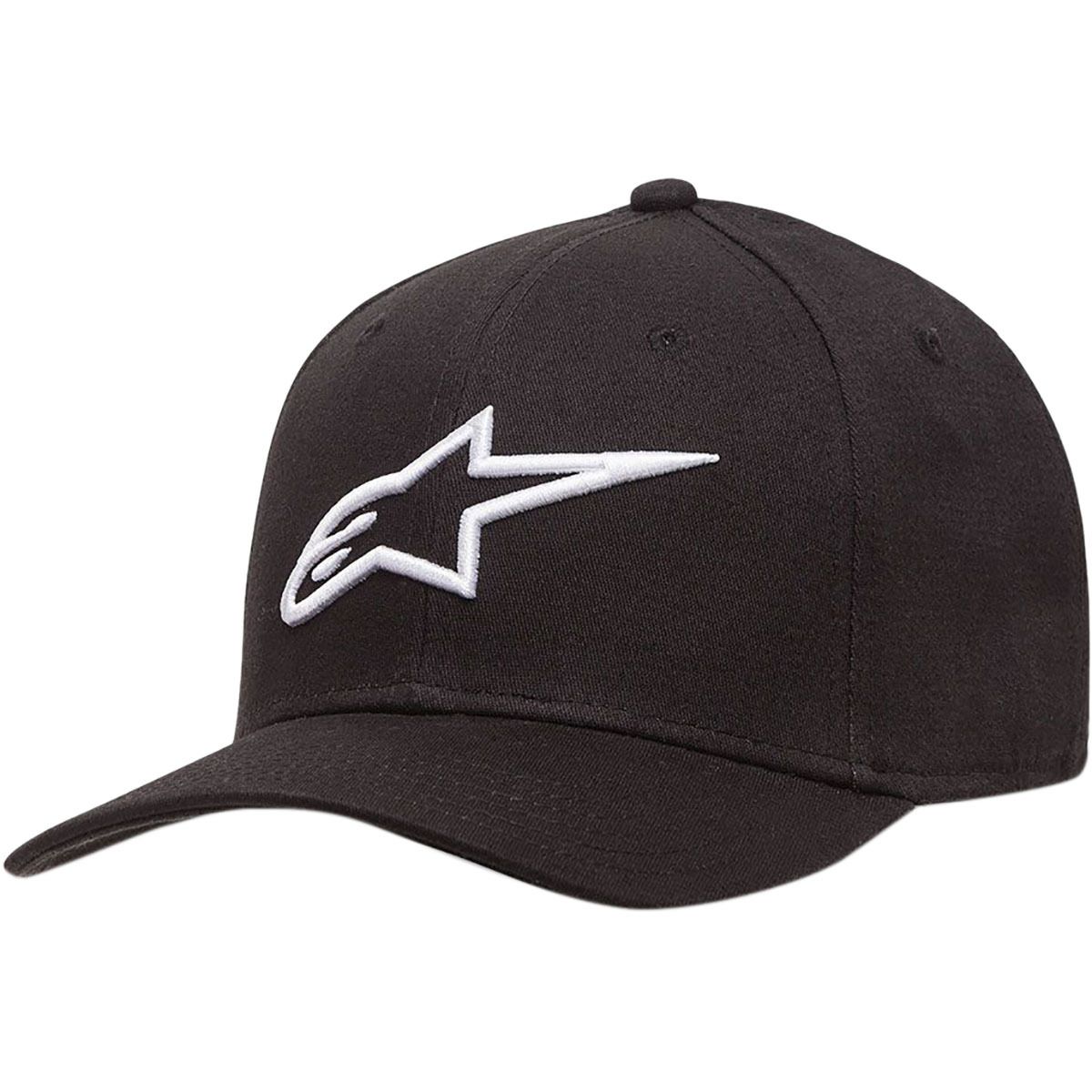 Black Alpinestars Ageless Cap featuring a white embroidered logo, made from soft fabric, with a classic curved brim and adjustable fit, available in size S/M for men.