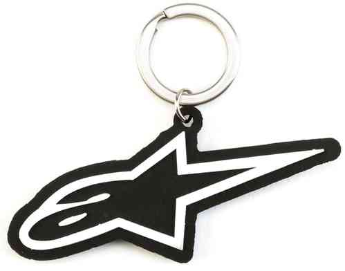 Black rubber key fob featuring a prominent white Alpinestars logo design, attached to a silver metal keyring.