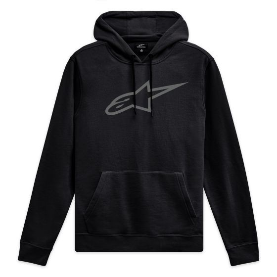 Black and grey Alpinestars Ageless V3 hoodie in size S, featuring a front pocket and a large grey logo on the chest, made from soft, comfortable material.