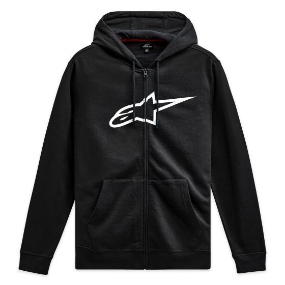 Black zip hoodie featuring a prominent white Alpinestars logo, made of soft material, with a front zipper, two side pockets, and a hood. Size M.