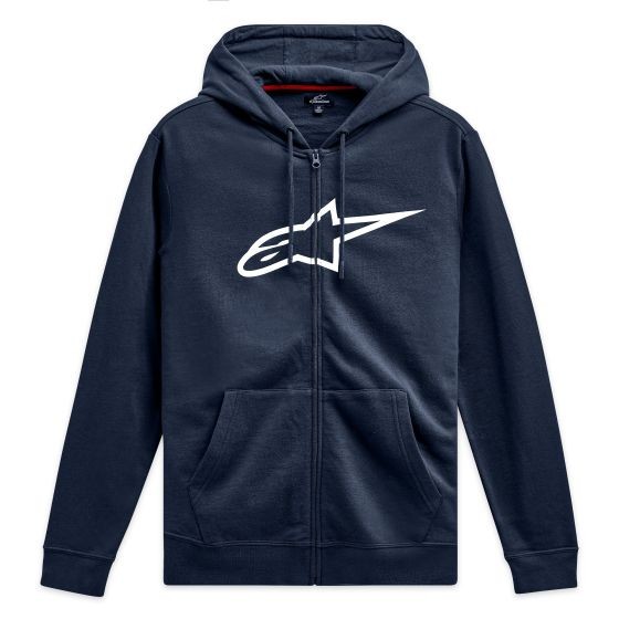 Dark blue zip hoodie featuring a prominent white Alpinestars logo on the chest, with a front zipper, two side pockets, and a drawstring hood, size L.