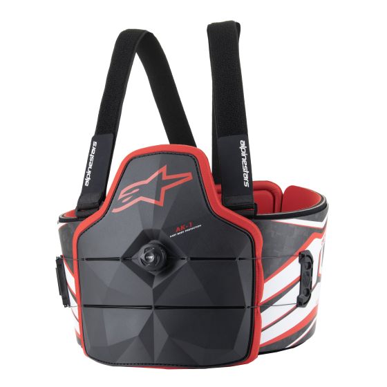 Alpinestars AK-1 Kart Body Protector in black and red, featuring a geometric design, adjustable straps, and a padded interior for youth sizes L/XL.