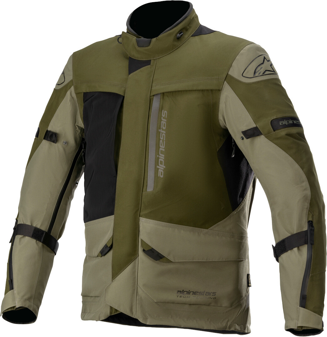 Dark green, black, and green textile jacket made from Gore-Tex, featuring multiple pockets, adjustable cuffs, and Alpinestars branding, size 4XL.
