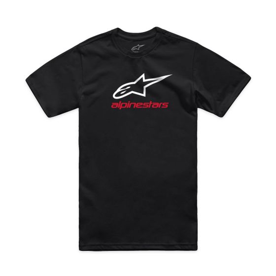 Black cotton T-shirt featuring a prominent white Alpinestars logo and red text, with a classic crew neck design, available in size S.