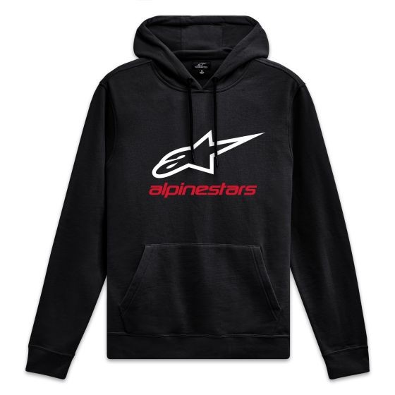 Black hoodie featuring a large white Alpinestars logo and red text, with a front pocket and drawstring hood, size L.