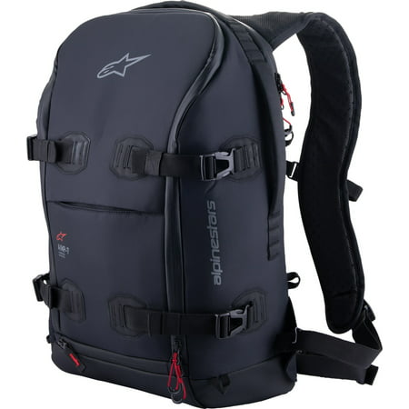 Black Alpinestars AMP-7 backpack with a 22L capacity, featuring adjustable straps, multiple buckles, and a sleek design, ideal for outdoor activities.