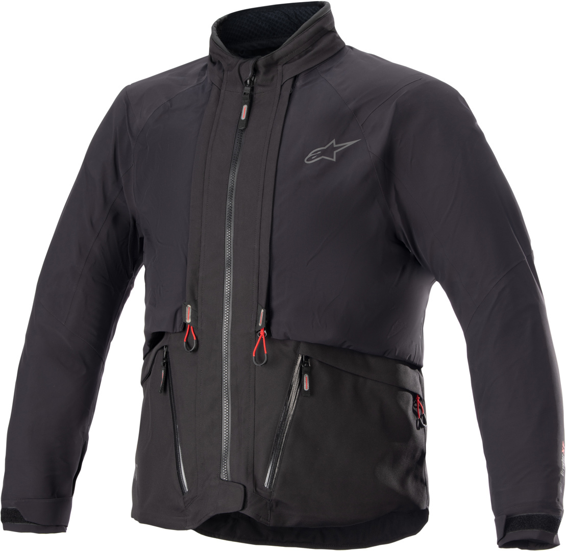 Black Alpinestars AMT-10 Textile Jacket made with DrystarXF material, featuring a zippered front, adjustable cuffs, and multiple zippered pockets, size S.