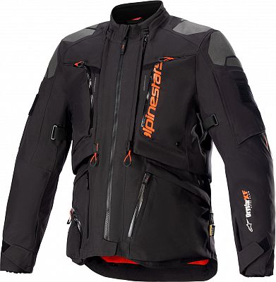 Black and red Alpinestars AMT-10R textile jacket features multiple zippered pockets, adjustable cuffs, and reinforced areas for protection, size M.