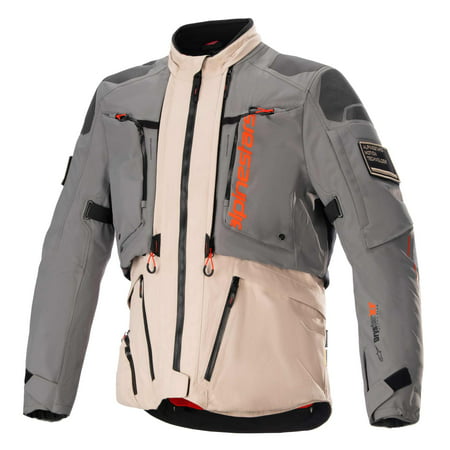Light grey and beige textile jacket with orange accents, featuring multiple zippered pockets, adjustable cuffs, and a high collar, designed for comfort and protection in outdoor activities.